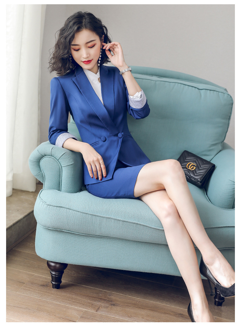 2019新款春秋蓝色九分袖西装套裙女时尚修身双排扣拼色职业装套装
