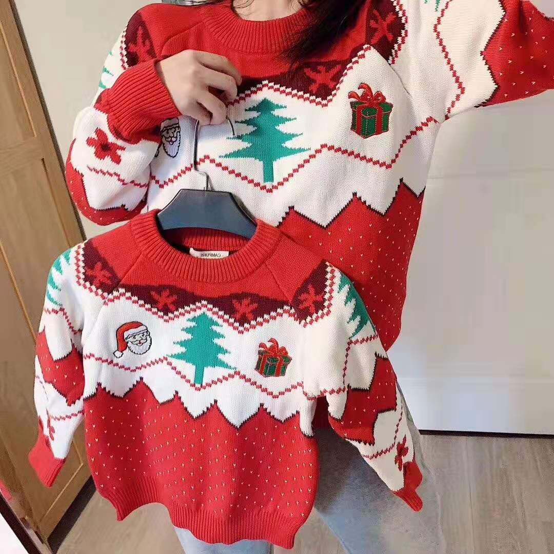 圣诞节毛衣新款童毛衣秋冬季纯棉针织刺绣图案提花雪人圣诞树亲子