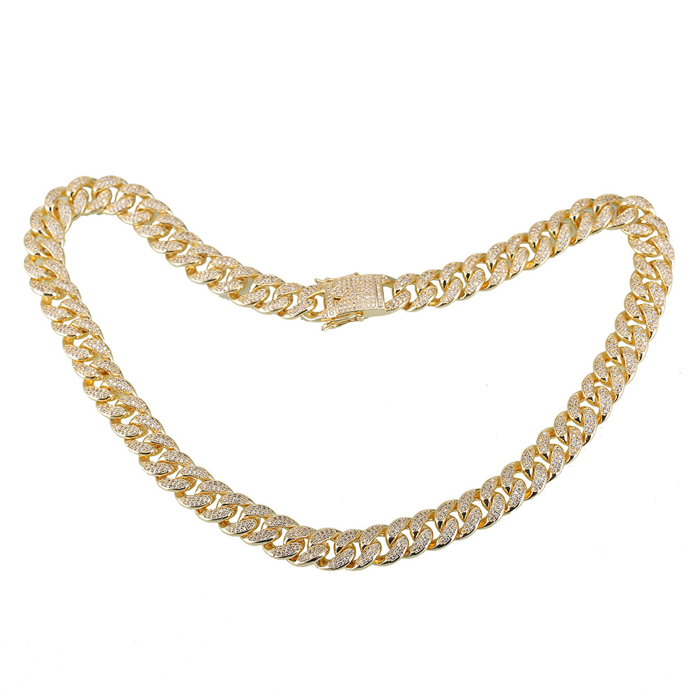 跨境欧美嘻哈微镶满钻锆石12mm古巴链16-24inches男士项链饰品