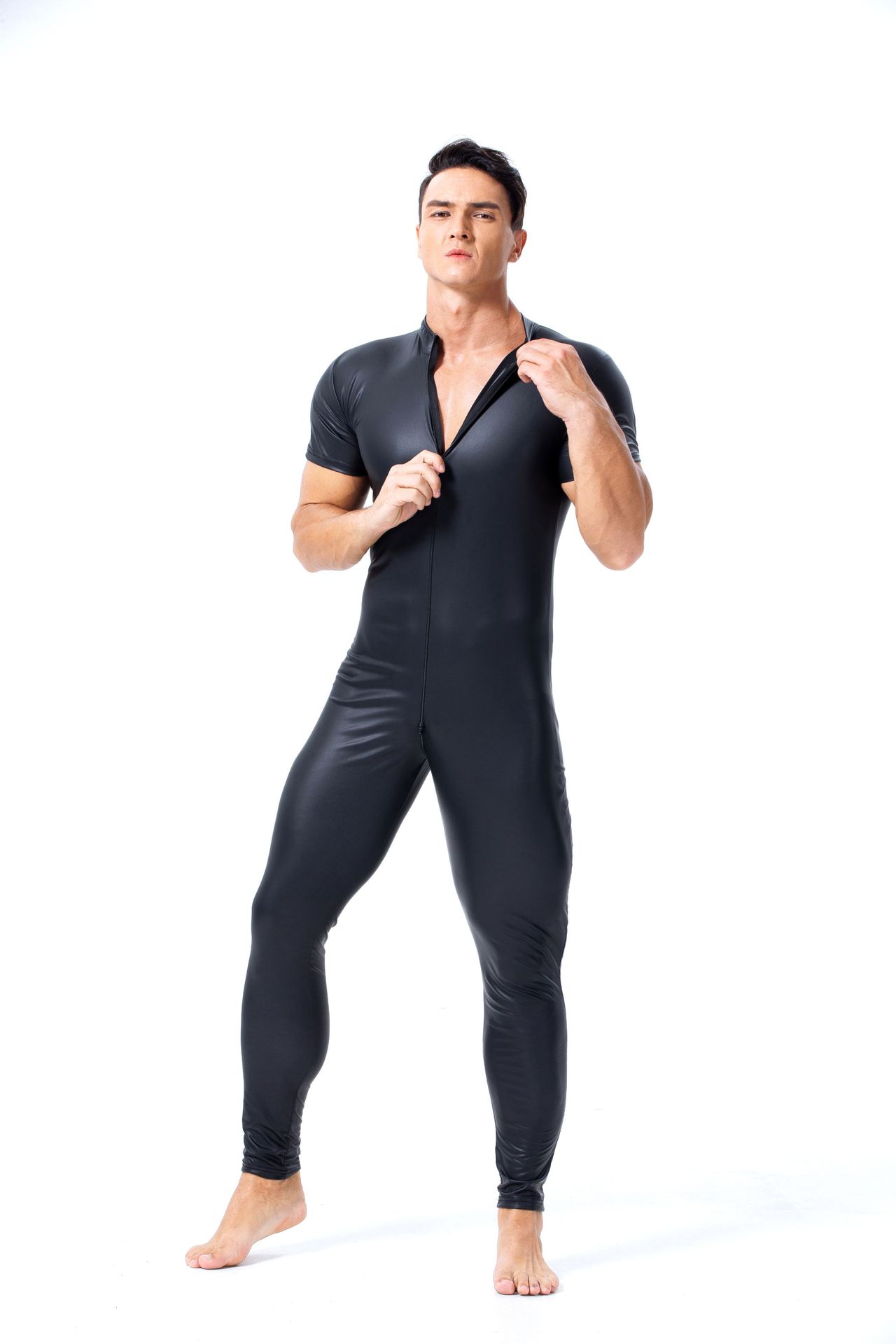 欧美性感男士漆皮紧身连体衣双拉链头开裆夜店舞台ds演出服短袖装