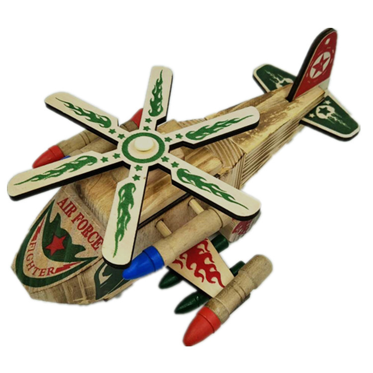 木制工艺模型原生态木质彩绘直升机摆件儿童玩具手推飞机模型礼品