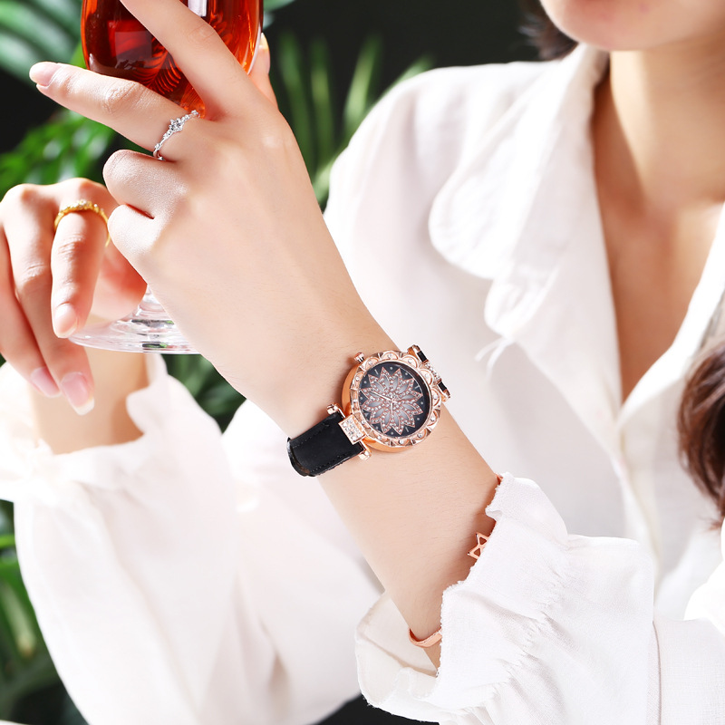微商爆款休闲时尚磨砂皮带女士手表时来运转盘镶钻女士石英表批发