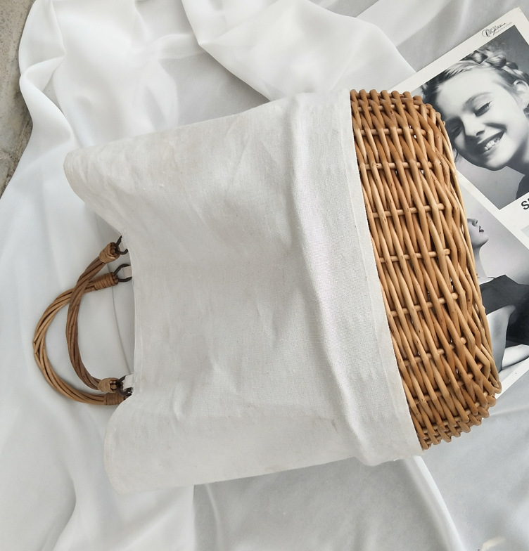 Factory Direct Sales Hand-Woven Splicing Package Canvas Bag Canvas Bag Shopping Bag Willow Rattan Plaited Shopping Basket
