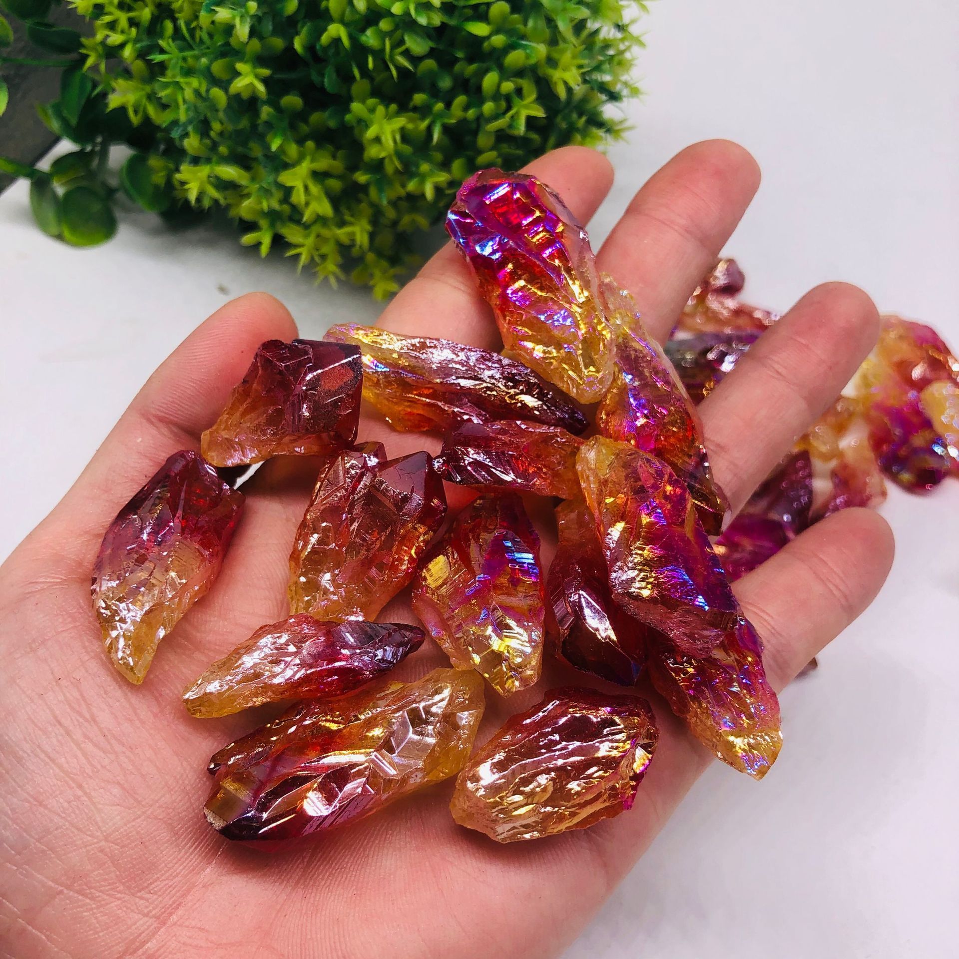 电镀打孔水晶柱 黄蓝紫三色镀彩单尖水晶柱 摆件柱