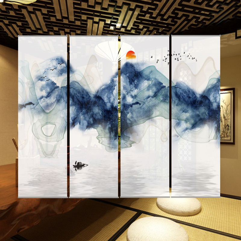 枫桥窗帘新中式山水画窗帘办公卷帘禅意艺术屏风隔断帘窗帘定制