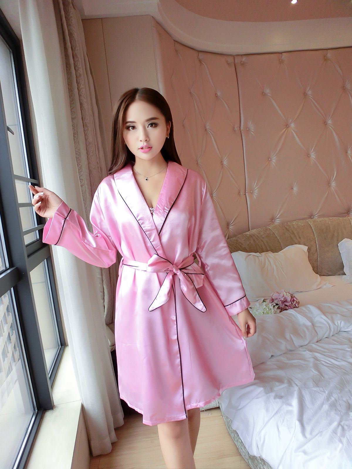 韩版春秋季女式睡袍女士性感睡衣夏仿真丝长袖浴袍睡裙丝绸家居服