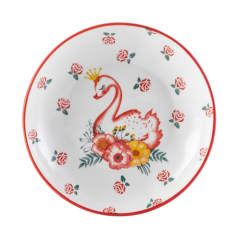 Crown Swan Heart-Shaped Plate Ceramic Plum Plate Household Single Handle Baking Plate Festive Chinese Red Cutlery Bowl and Plates Set