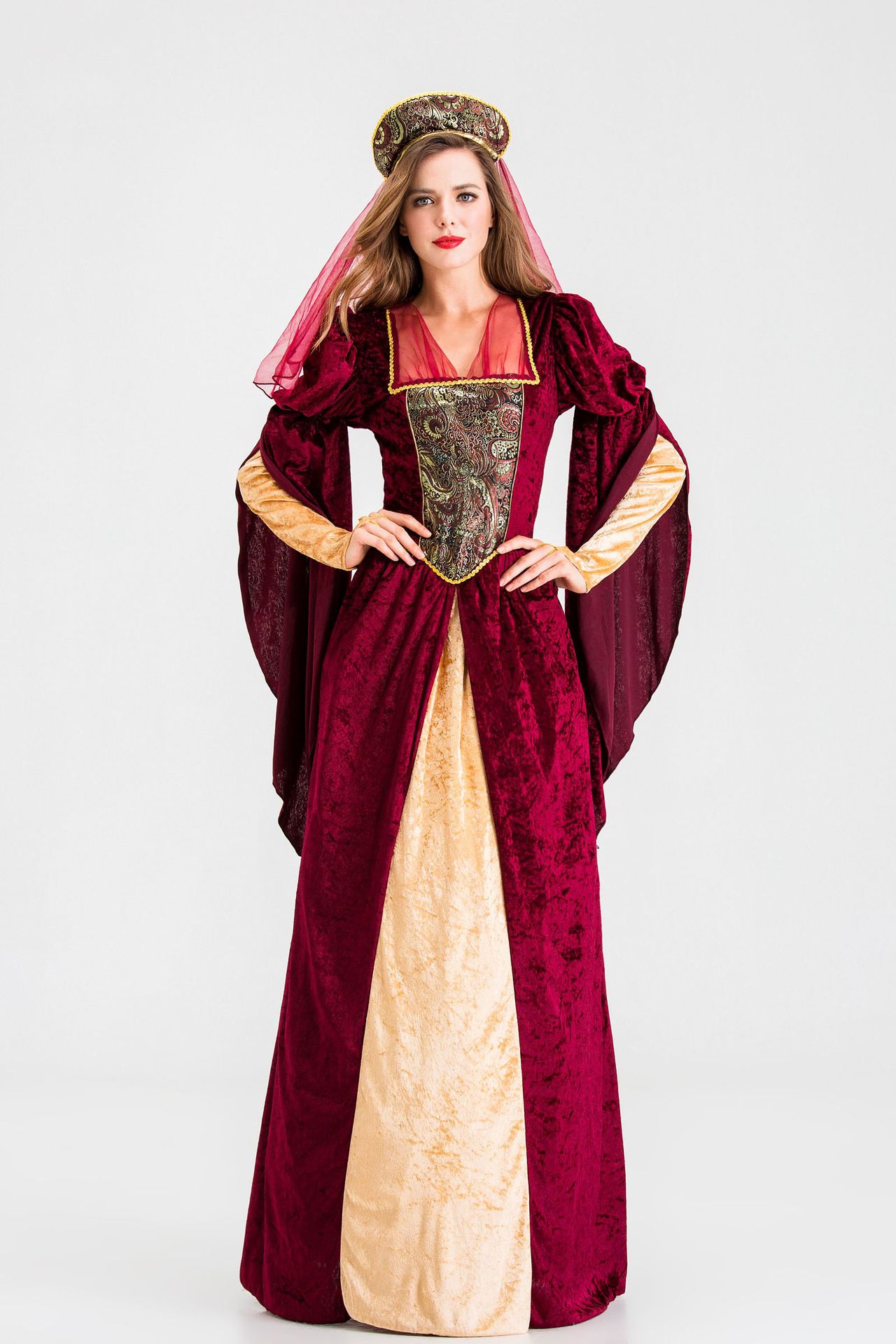 万圣节新款成人复古宫廷酒红长裙阿拉伯古埃及艳后法老演出服批发