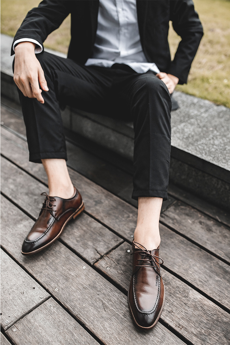 英伦风头层牛皮鞋子复古做旧擦色西装鞋西裤鞋商务正装小皮鞋