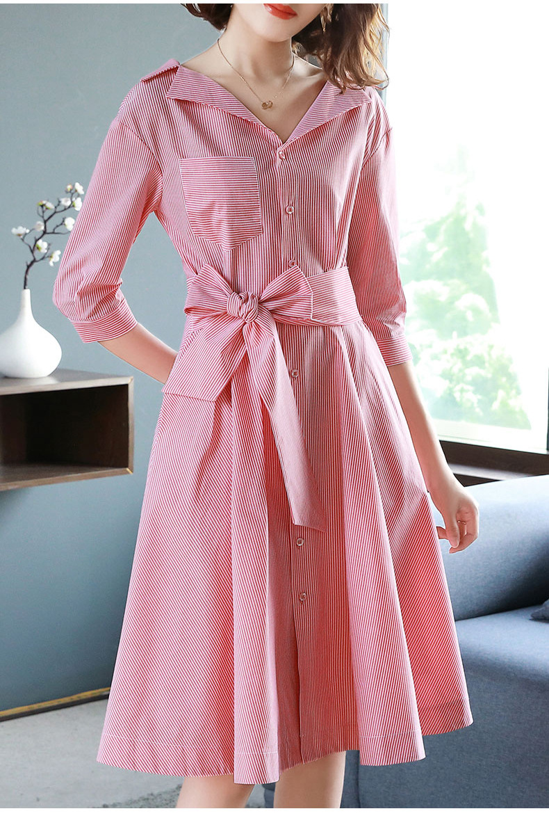 早春新款女装2020翻领收腰显瘦大摆裙子气质衬衫裙粉色条纹连衣裙