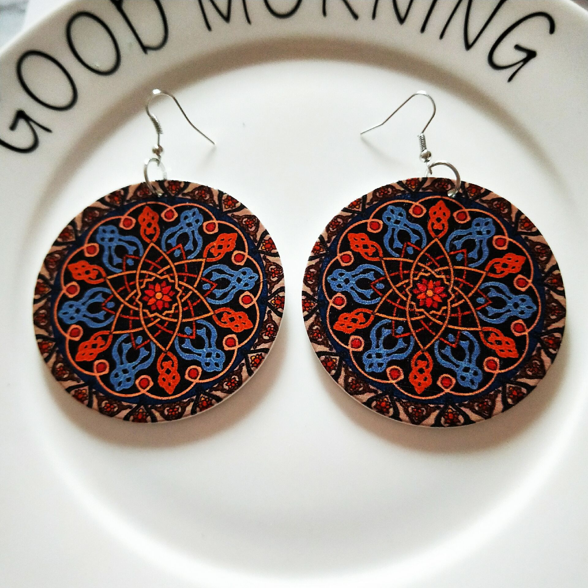 欧美非洲复古木质耳环女耳坠几何印刷气质个性潮夸张耳饰品民族风