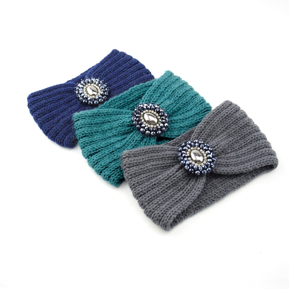欧美镶钻宝石针织毛线发带运动发箍护耳头带手工头套编织保暖发饰