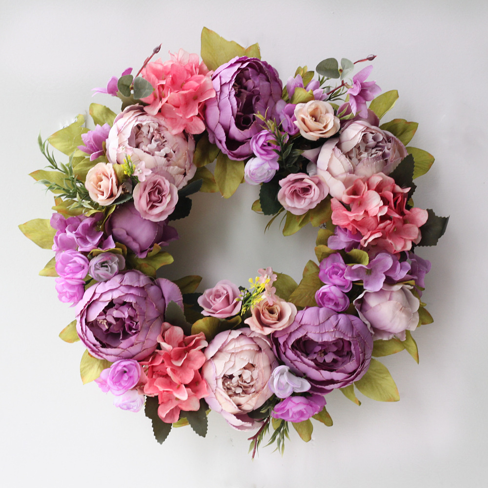 绢布牡丹仿真花环门饰门环装饰花绢花仿真花壁饰挂饰亚马逊货源