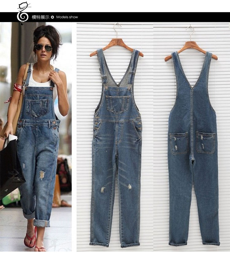 European and American Ripped Denim Suspender Pants Women's Suspenders Loose-Fitting Overalls Denim Trousers Students' Pants