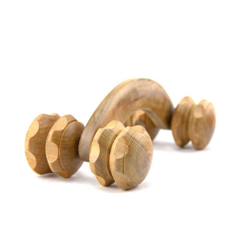 New Sandalwood Curved Handle Massage Roller Solid Wood Small Four-Wheel Roller Back Triangle Scrapping Plate Massager