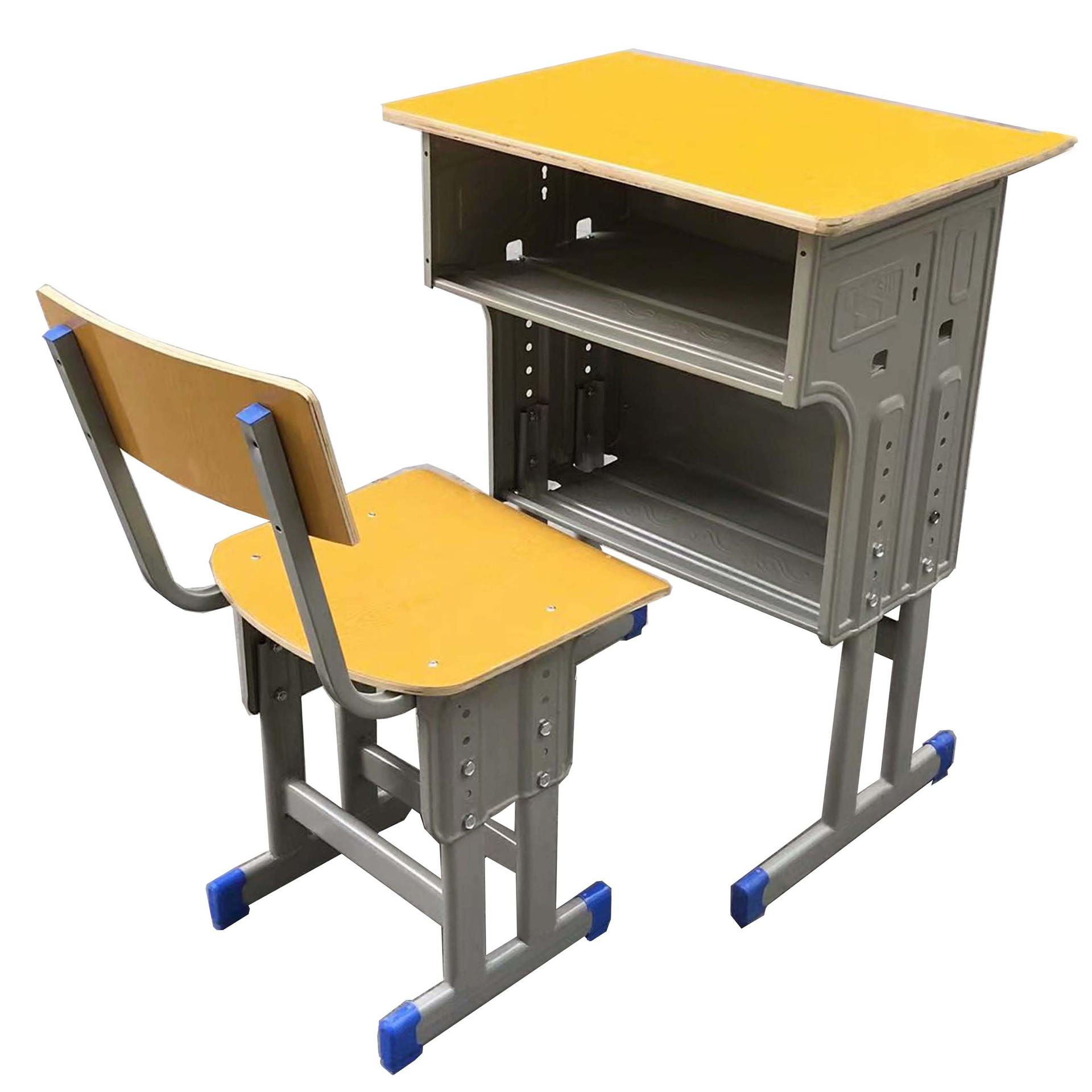 课桌椅单人双柱兰色包边pp塑料注塑椅面升降靠背椅高中小学