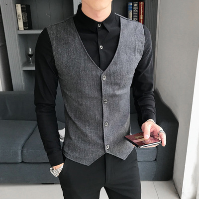 批发新款男生假两件马甲衬衫时尚撞色工作服男士长袖衬衣一件代发