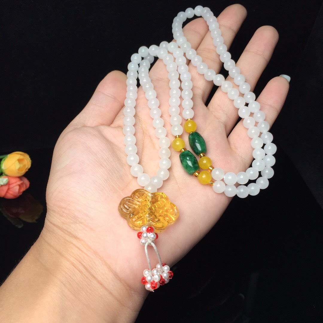 天然和田玉毛衣链6mm白玉珠子项链天然玉石多宝搭配项链毛衣链