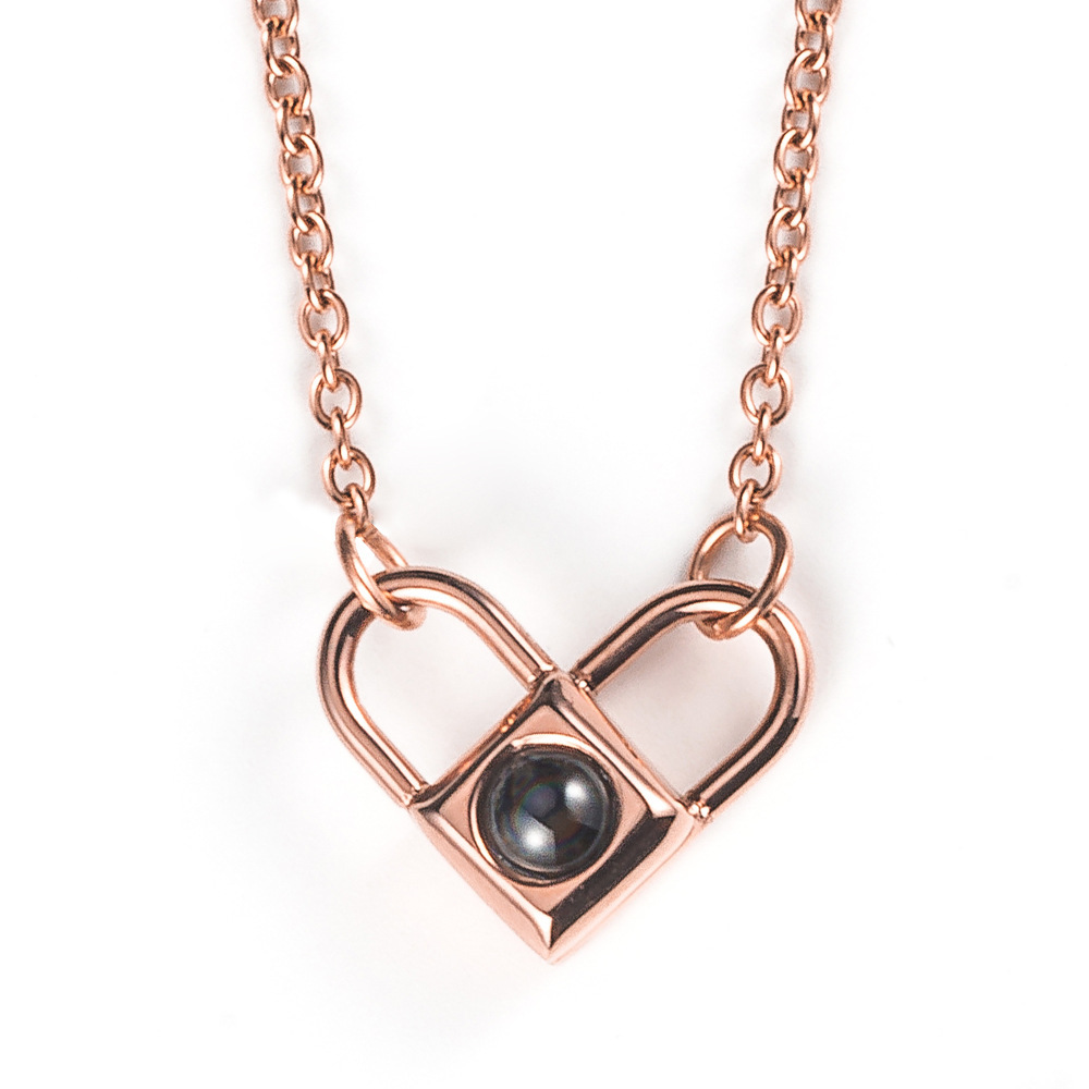 抖音同款网红100种我爱你的记忆同心锁钛钢项链女吊坠刻字锁骨链