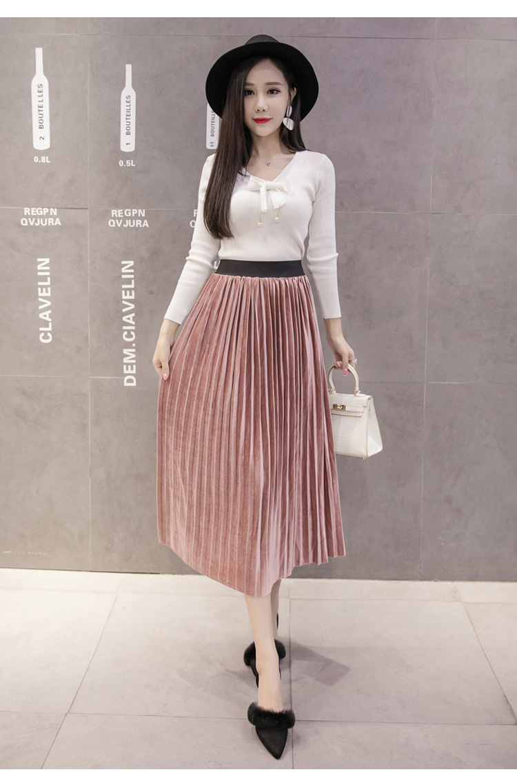 2019秋冬新款丝绒百褶半身裙百搭金属色丝绒中长款a字裙女