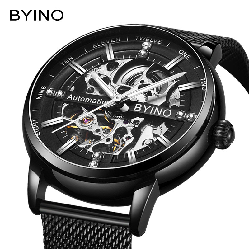 贝伊诺byino男士自动镂空机械表防水夜光腕表学生时尚黑色网 皮带