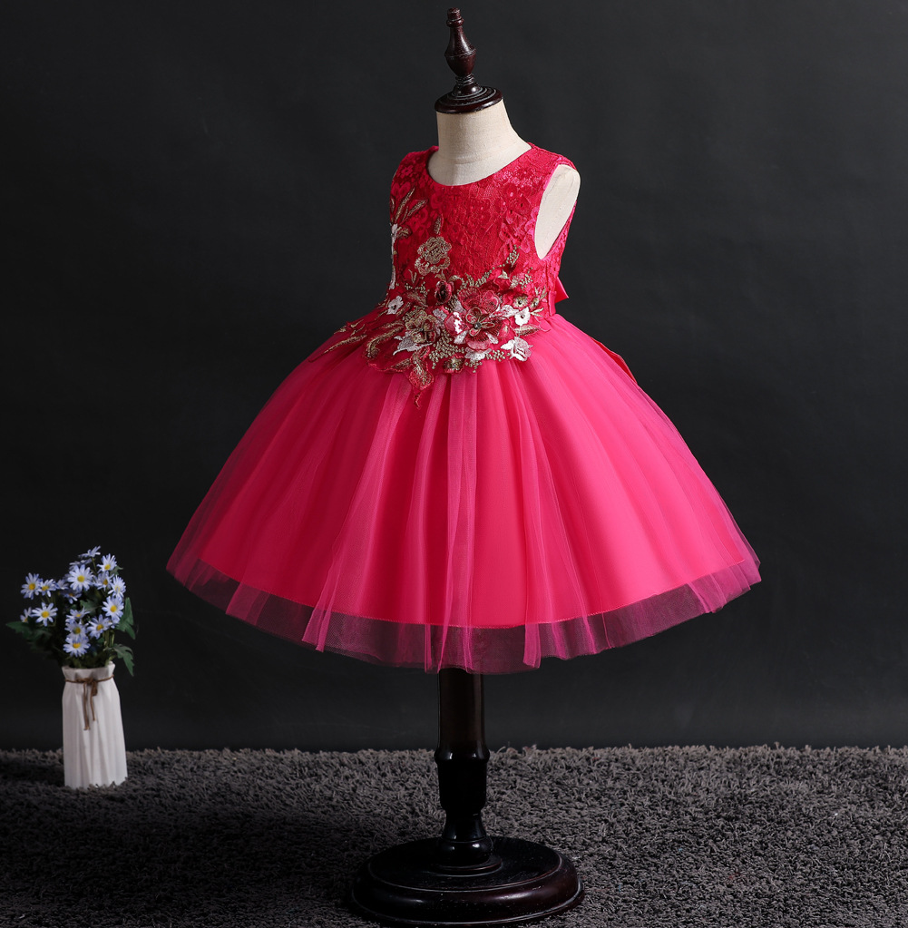 跨境货源女童绣花礼服裙儿童网纱蓬蓬裙上身棉里宝宝演出服装批发