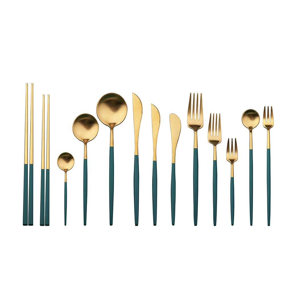 Q Thick round Handle 304 Emerald Spoon Fork Portugal Stainless Steel Knife and Forks Dark Green Tableware Peacock Green Gold Chopsticks