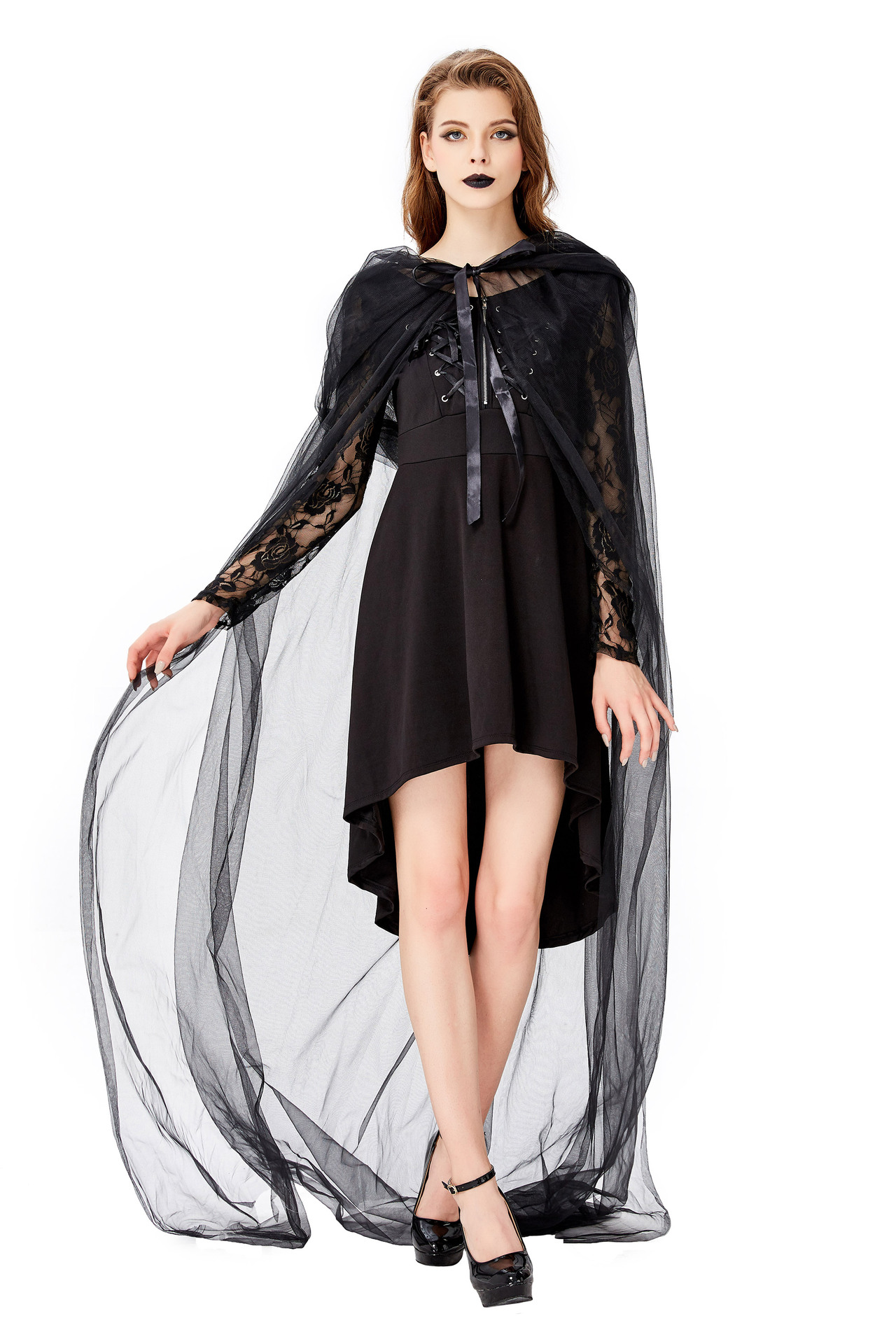 万圣节狂欢派对吸血鬼 薄纱长款披风 邪恶绑带女巫 黑暗巫婆装扮