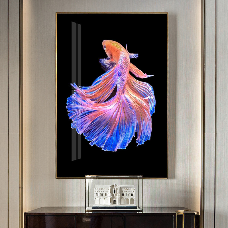 点睛名画锦鲤玄关装饰画竖版走廊过道壁画大气轻奢抽象画龙晶瓷画