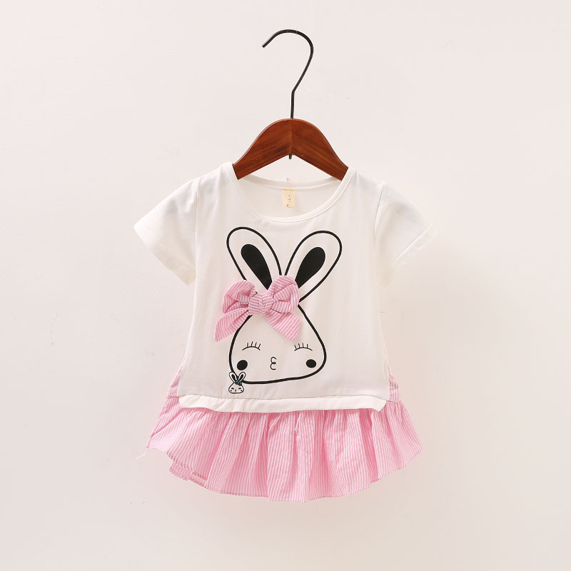 外贸童装 女童假两件t恤衬衫连衣裙 儿童格子蝴蝶结卡通印花裙子