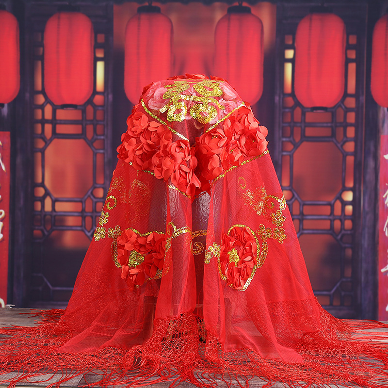 Creative Wedding Veil New Wedding Accessories Chinese Wedding Bride Red Veil Peach Heart Rose Veil Manufacturer