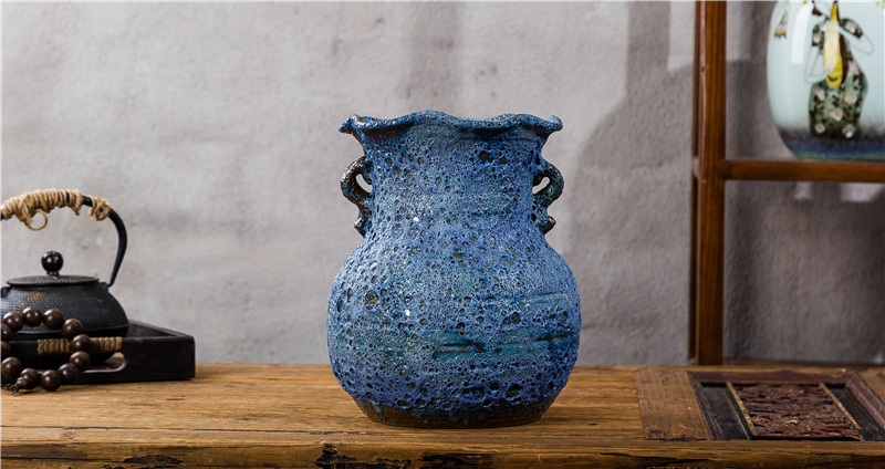 双耳泡泡釉蓝色陶罐 复古气泡田园风景德镇陶瓷花瓶工艺品坛子罐