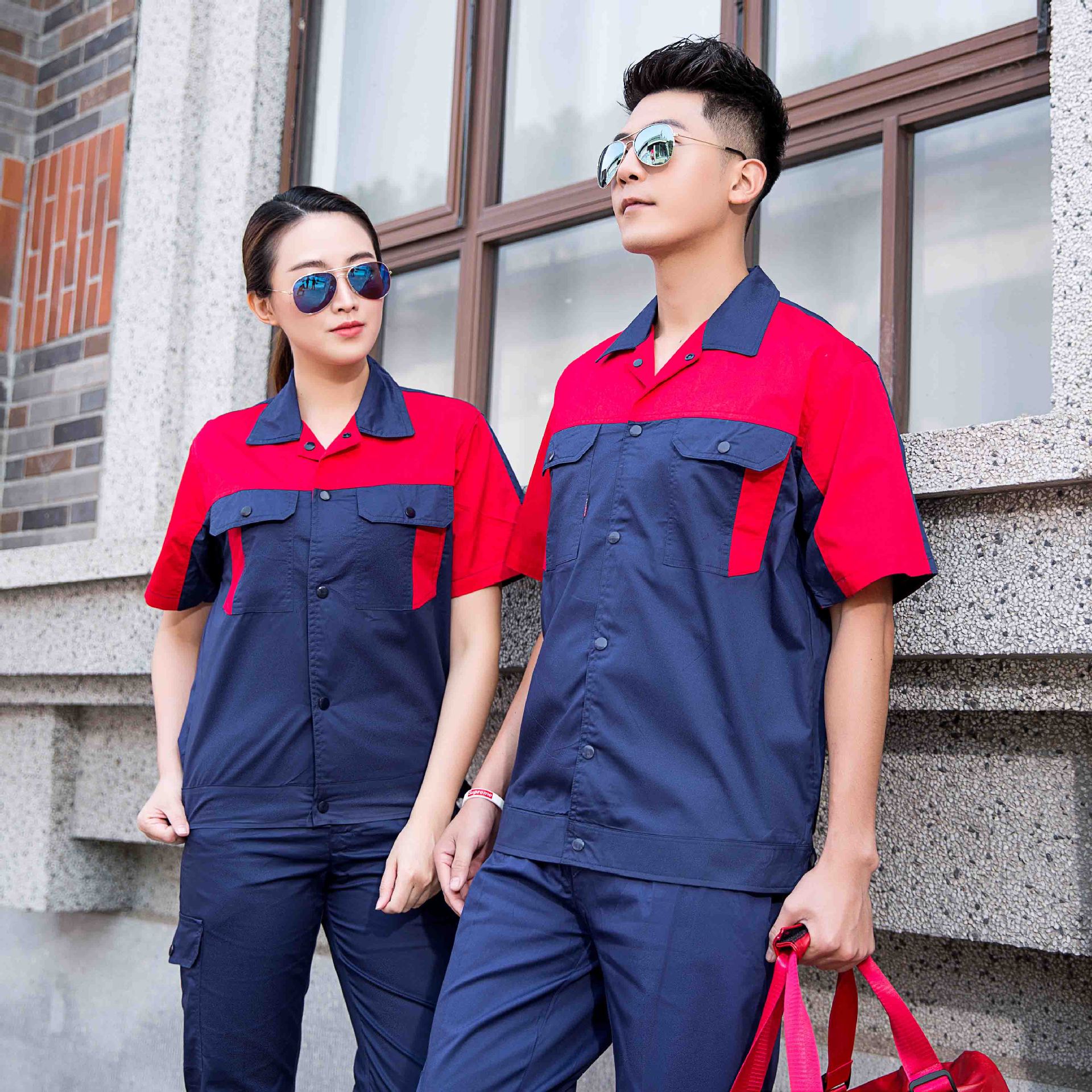 夏季工作服厂服短袖定制纯棉透气拼色工程服套装工衣半袖定做logo