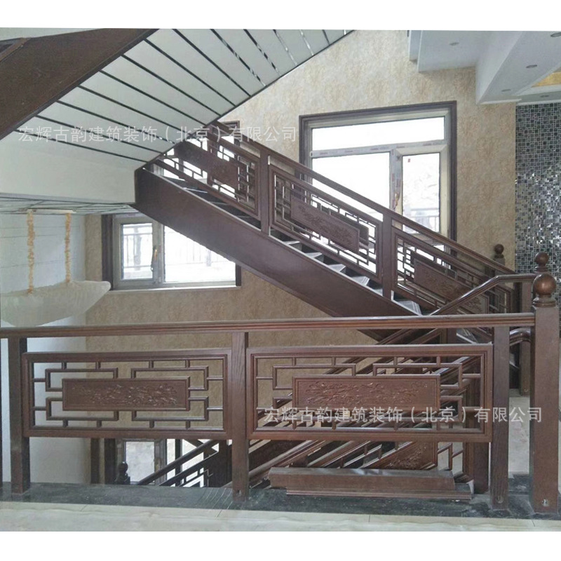 木雕刻扶手护栏定制 室内木质仿古镂空栏杆 中式实木扶手厂家直销