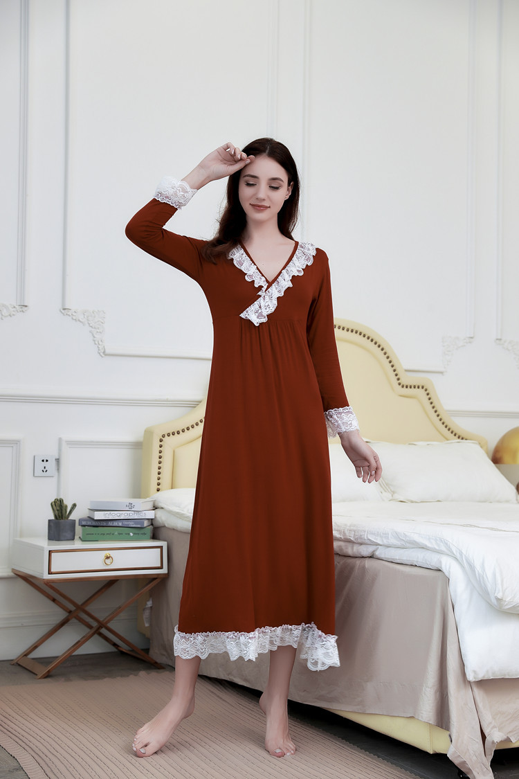 女春秋季莫代尔蕾丝花边v领女人味优雅公主纯棉长睡裙睡衣家居服