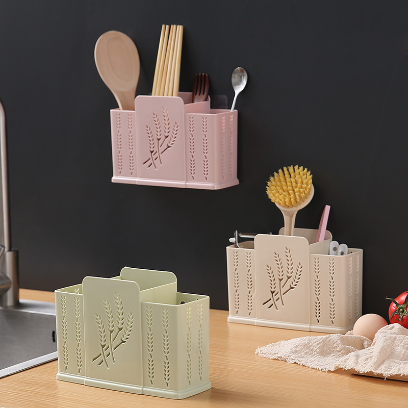 Chopsticks Box Wall-Mounted Household Punch-Free Three-Grid Chopstick Canister Kitchen Drain Tableware Soup Spoon Storage Two-Grid Chopsticks Cage