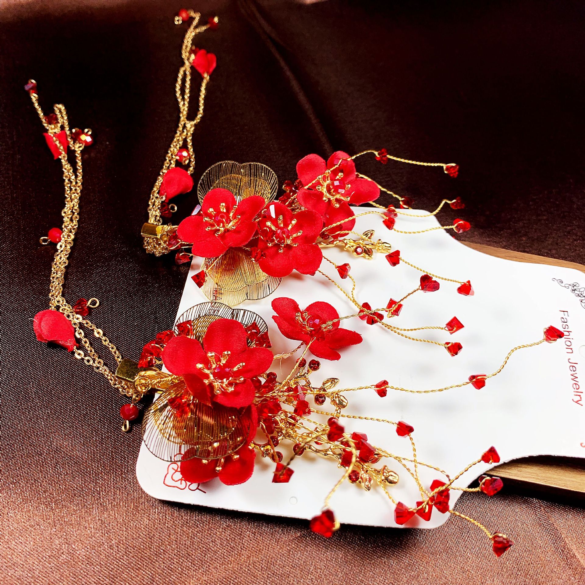 新娘结婚头饰红色汉服头花中式发夹新款敬酒服发饰婚礼晚礼服配饰