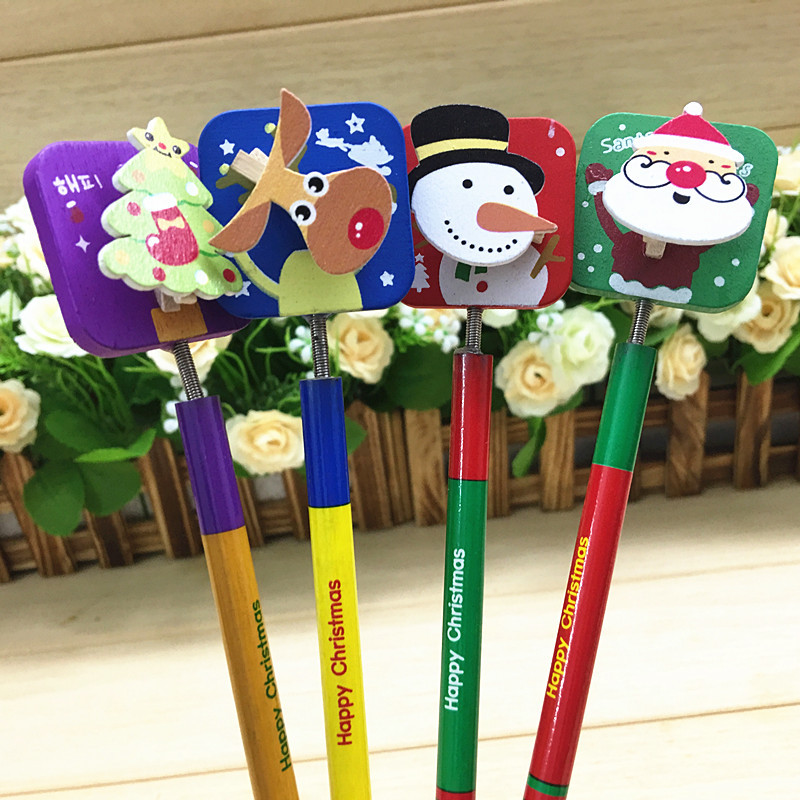 24支装 创意卡通圣诞造型铅笔圣诞老人铅笔带便利夹学生圣诞礼品