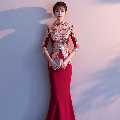 中式新娘敬酒服2019新款旗袍冬季长袖鱼尾修身红色长款结婚礼服女