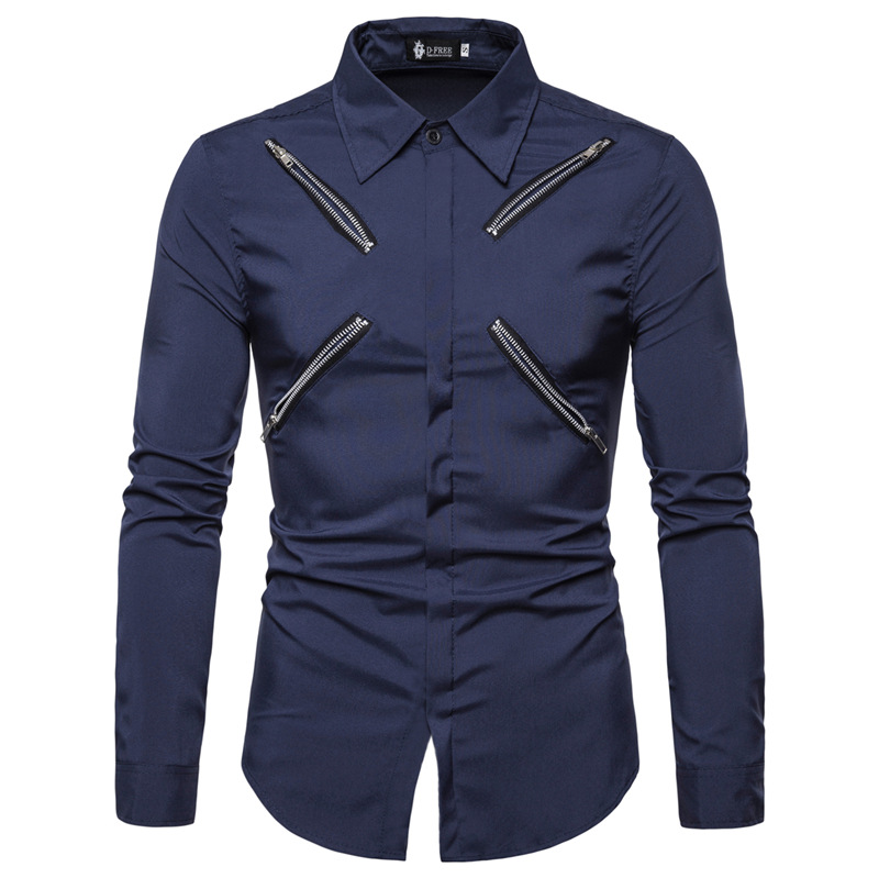 跨境电商2020夏季新款外贸男士时尚个性剪裁拉链装饰长袖衬衫
