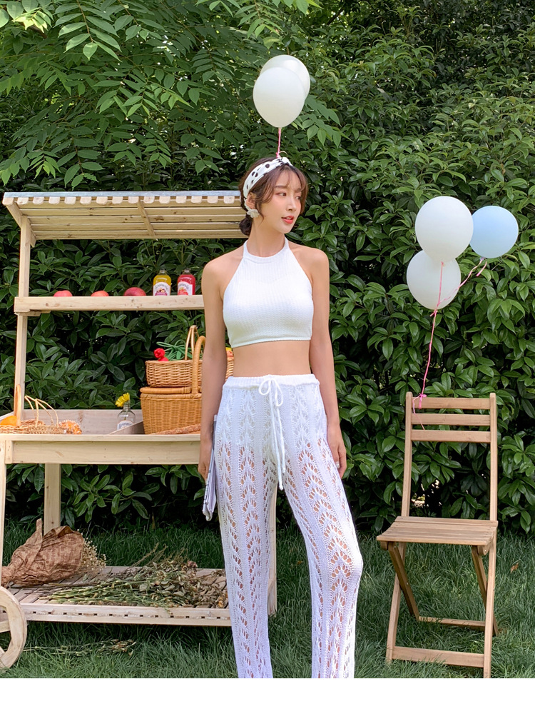 2019新款分体针织泳衣女生白色气质修身性感小胸保守长裤三件泳衣