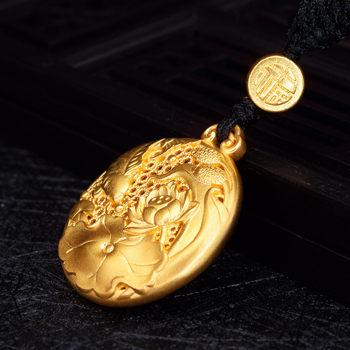 古法传承丰美平安扣 缅甸砂金镀黄金荷花莲蓬吊坠年年有鱼项链女