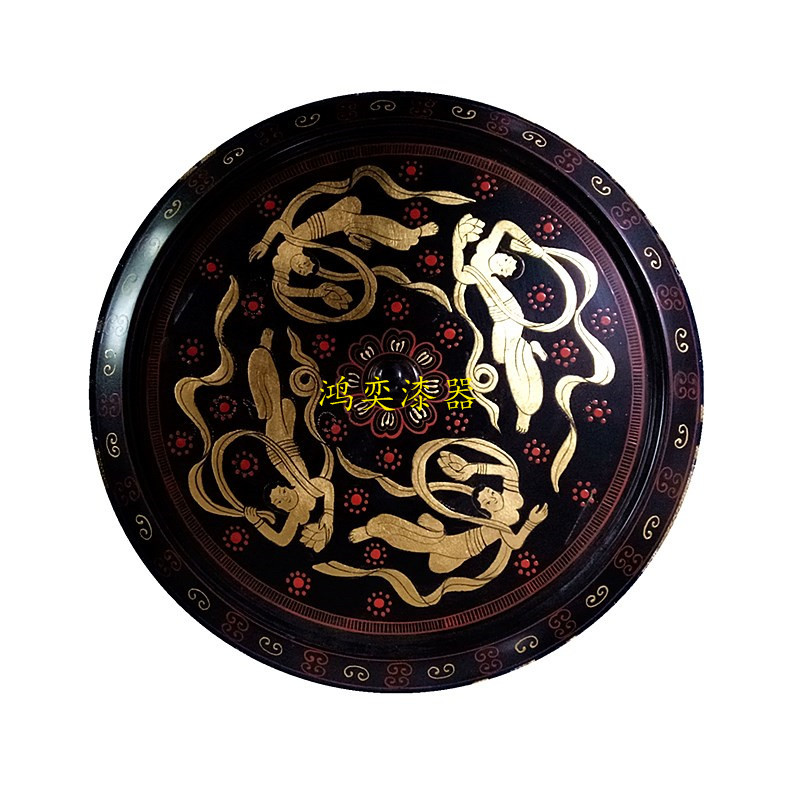 贴金箔彩绘漆器仿汉代桐镜 老漆传世包浆青铜镜 镇物镇宅漆器摆件