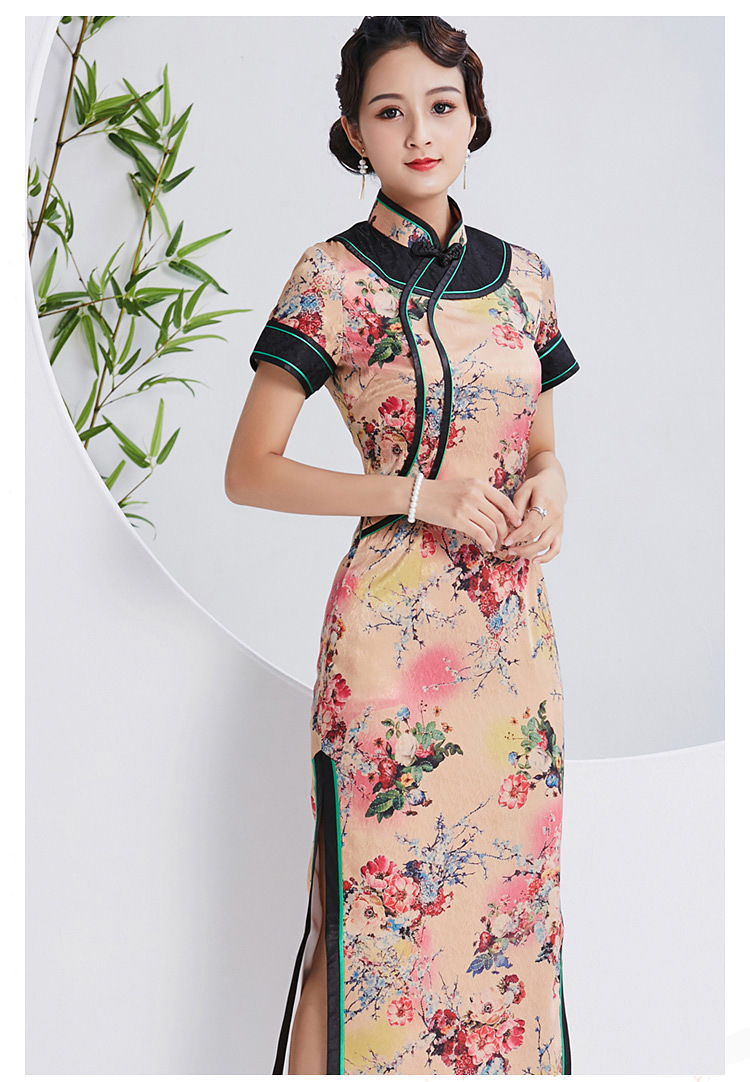 倾城粉黛真丝长款京派手工盘扣中袖旗袍裙礼服2019春新款宴会