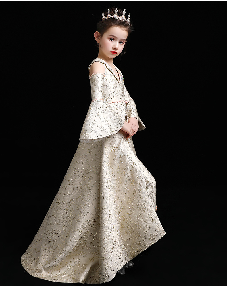 儿童礼服2022童装新品模特走秀拖尾长袖钢琴女童演出服儿童公主裙