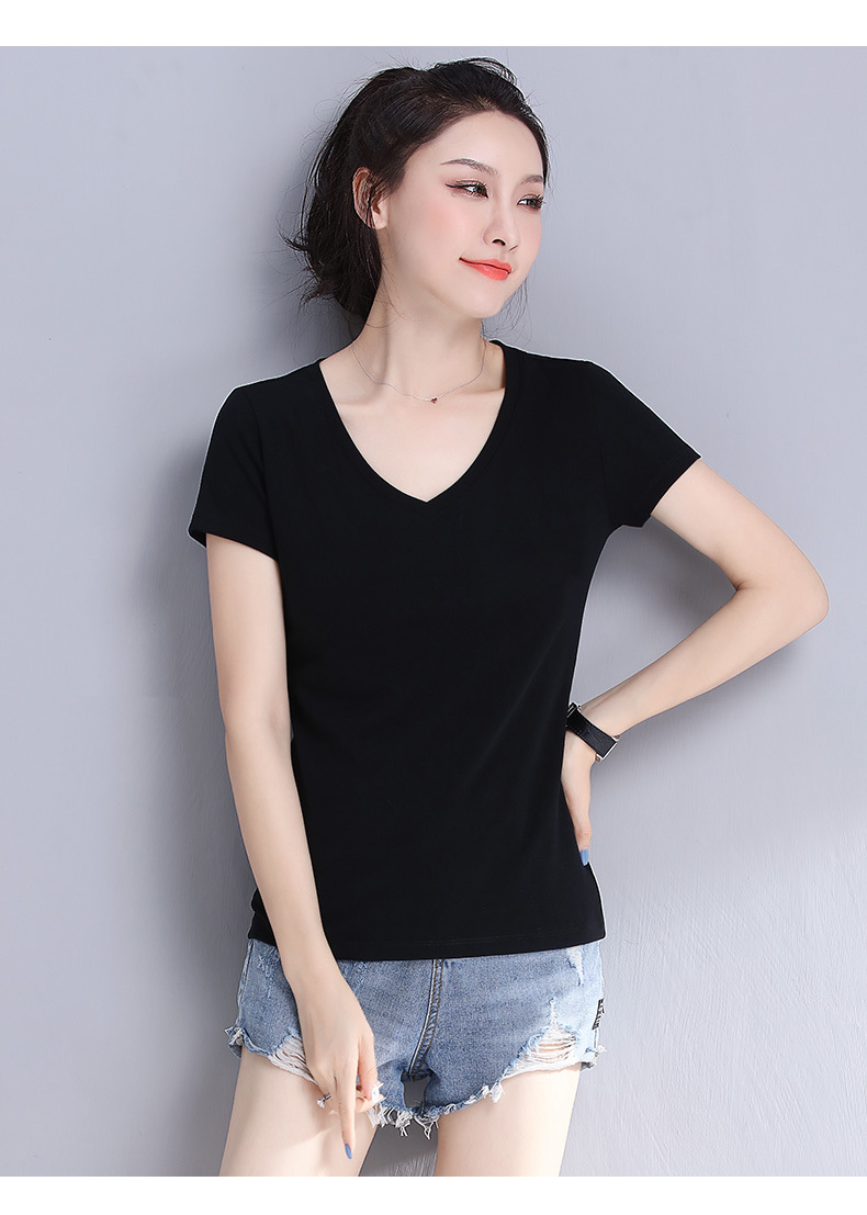 纯黑色v领t恤女短袖修身夏女装2021新款潮体恤紧身上衣黑色短款