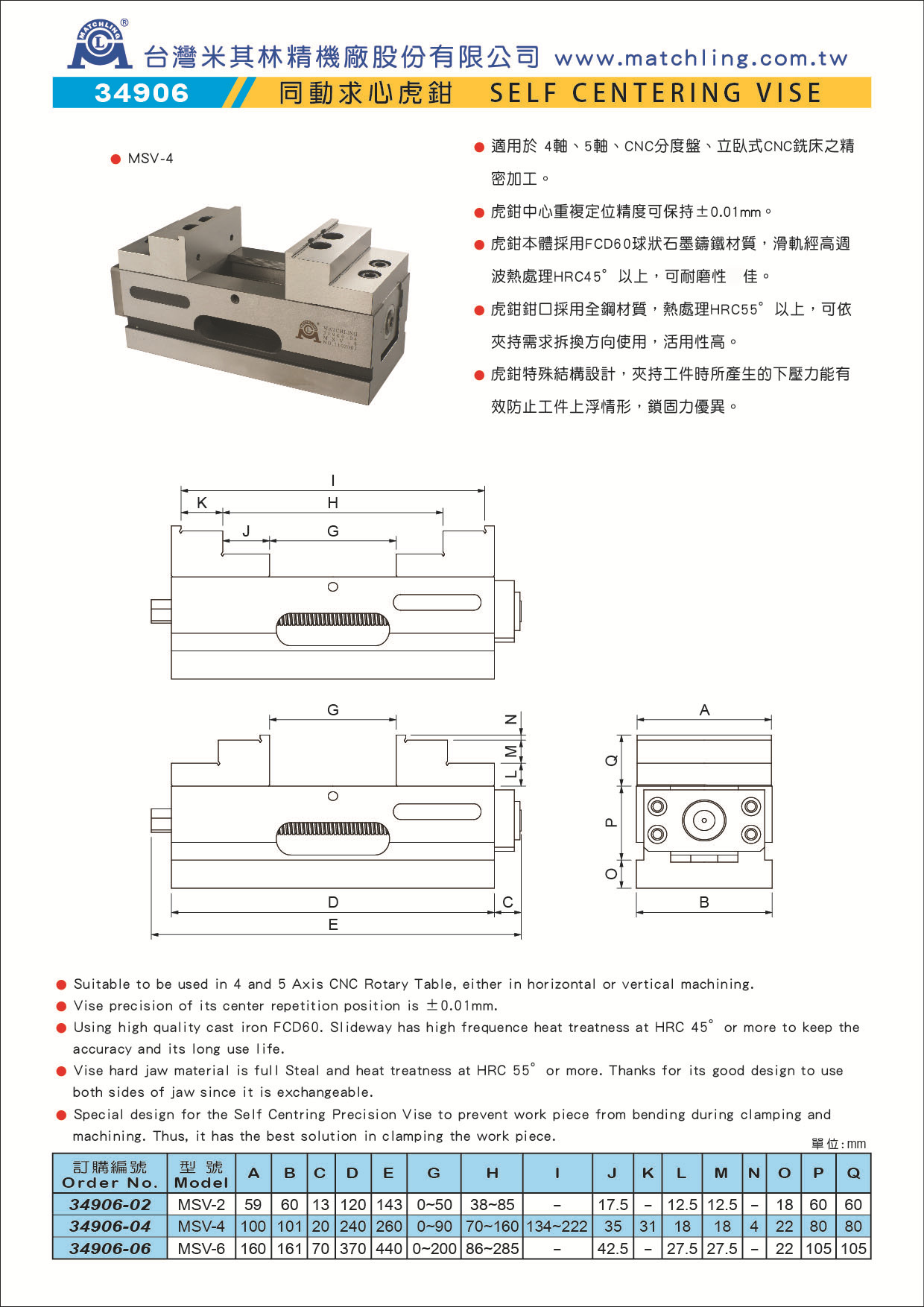 进口台湾米其林自定心平口钳 精密台钳 同动求心虎钳 34906 msv-2