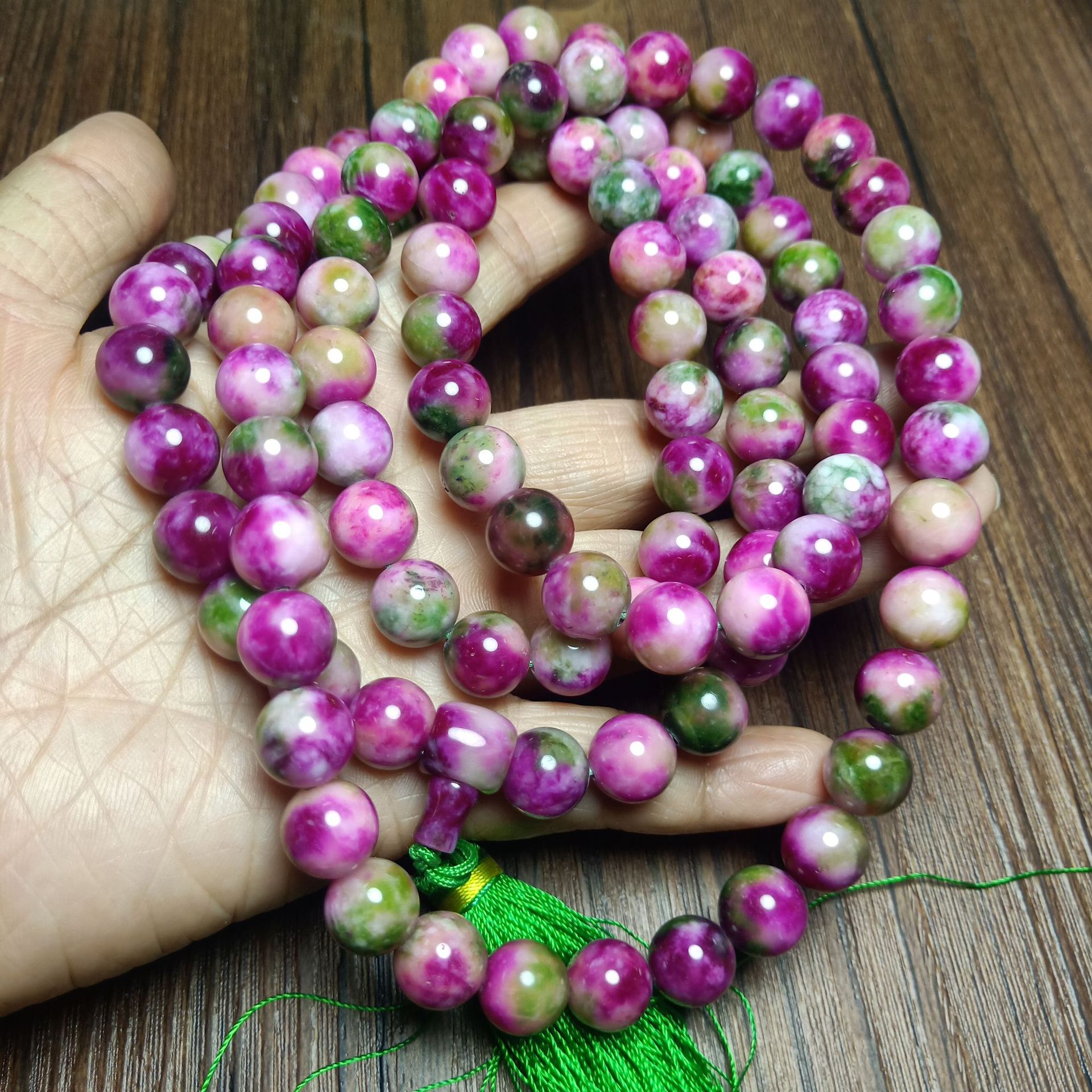 供应珠宝桃花石红绿宝108颗佛珠挂件圆珠男女款毛衣链