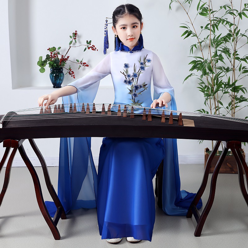 古筝演出服女童旗袍大人风仙女气质秋冬飘逸淡雅水袖长裙礼服