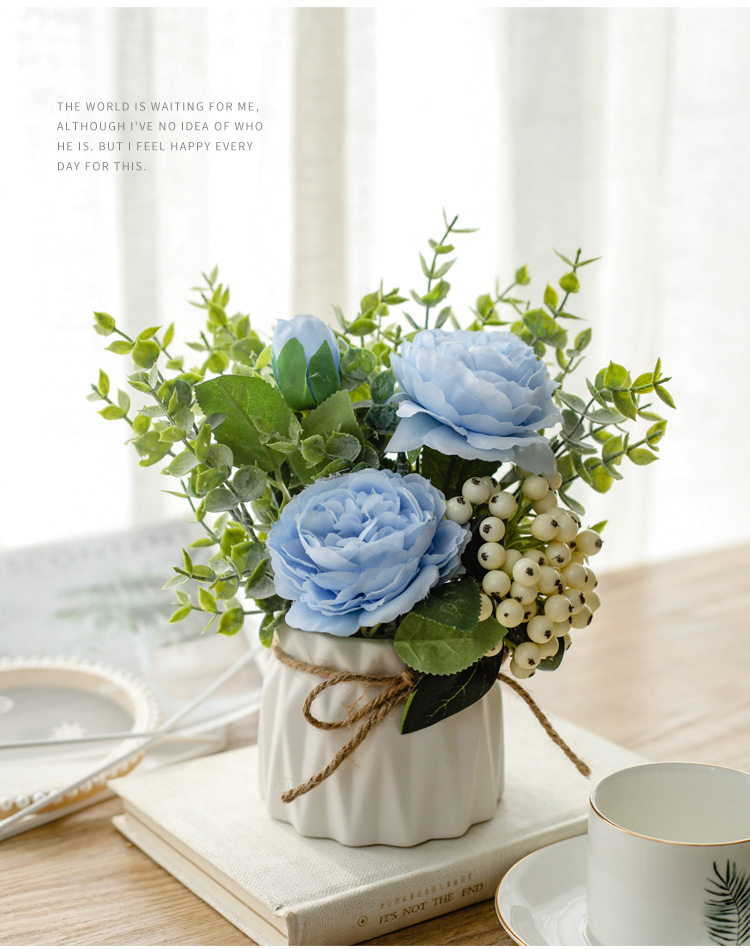 北欧仿真花套装陶瓷麻绳花瓶玫瑰花 仿真植物盆栽家居装饰假花盆